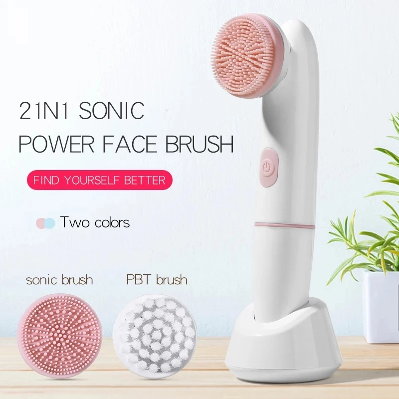 OEM Silicone Face Cleansing Brush ElectricSonic Facial Brush And  Two Heads Exfoliating Waterproof Facial Cleansing Brush