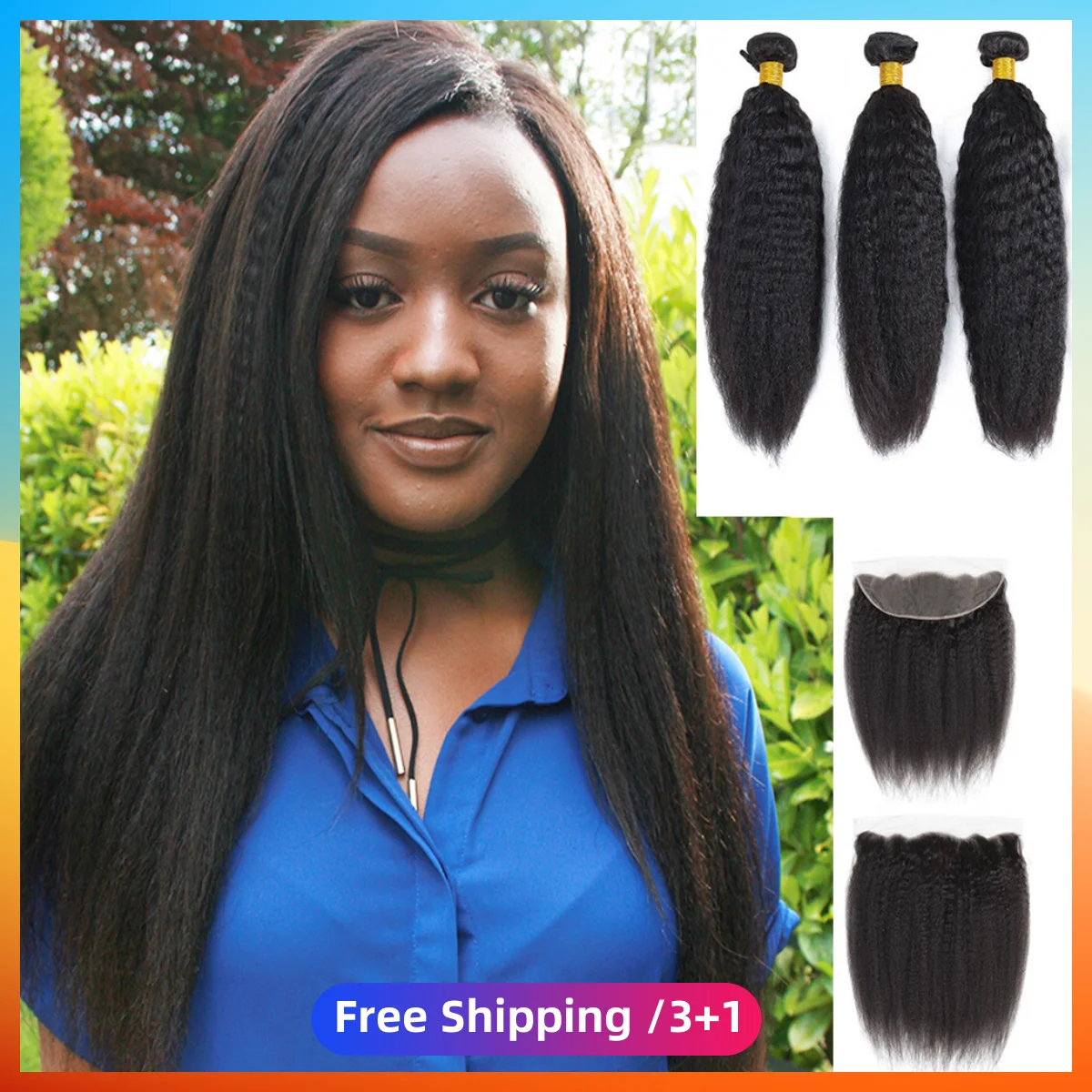 Kinky Straight 3/4 Bundles With Frontal 13x4 Hd Lace Human Hair Natural Black Italian Yaki Remy Hair Weaves Extensions For Women
