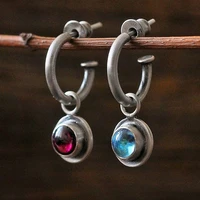 vintage round red blue stone earrings women ethnic jewelry silver color metal geometric dangle earrings gifts