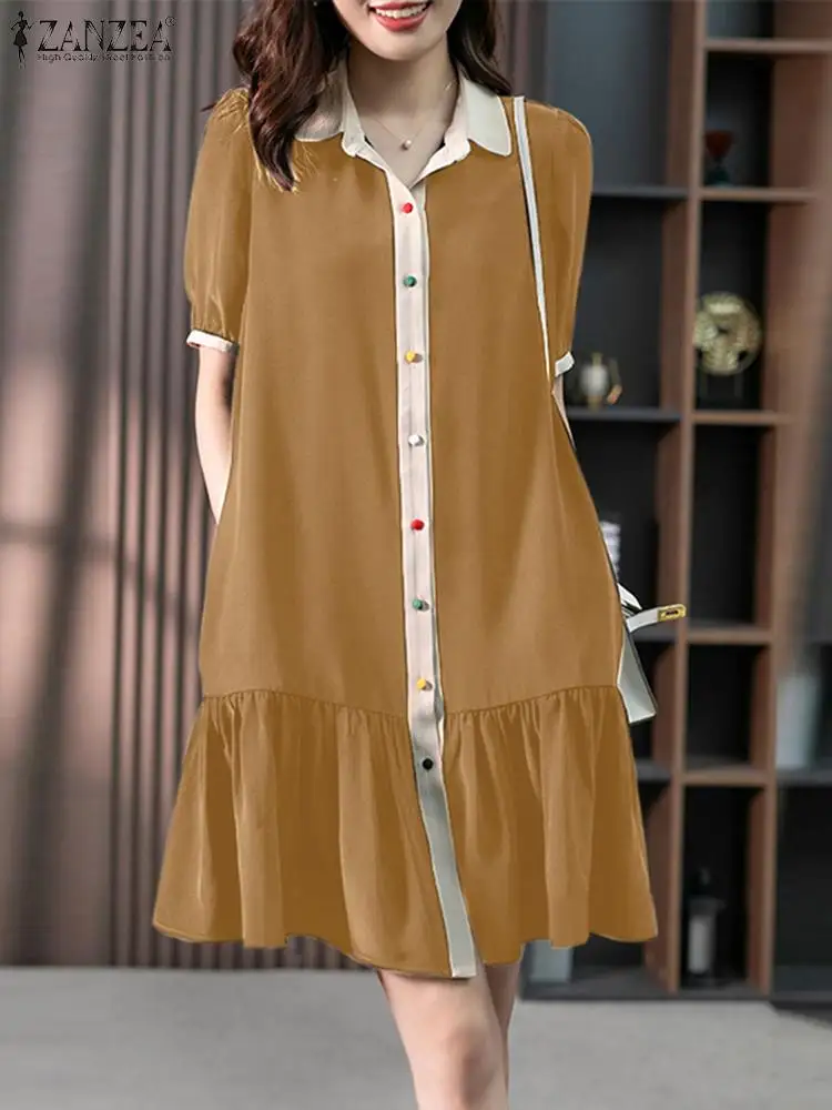 

ZANZEA Casual Lapel Robes Short Sleeve Women Shirtdress Fashion Loose Mini Dress Ruffled Hem 2023 Summer Colored Buttons Vestido