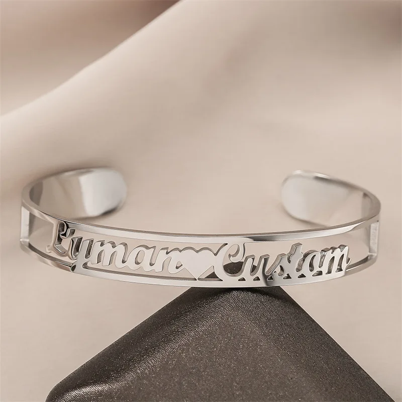 Hiyong Custom Name Bangle, 8 mm Hollow Name Bracelet Men Bracelet Custom Name Personalized Bracelets Jewelry Best Friend Gifts