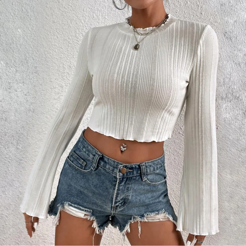 

Fashion Ruffle Crop Tops Elegant Blouse Flare Long Sleeve Skinny Short Shirts Korean Streetwear Crew Neck Pleated Top Blusas XSL