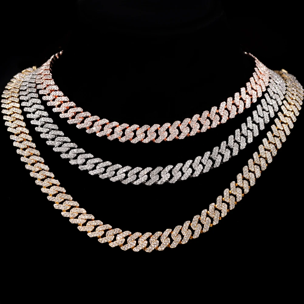 

Hip Hop 12MM Miami Cuban Chain Necklace Bracelet For Men Women 3 Color Iced Out Rhinestones Prong Cuban Link Chain Party Jewelry