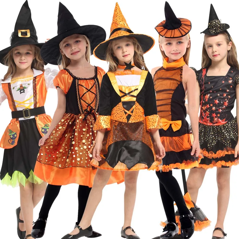 

Halloween Kids Vampire Witch Cosplay Costumes with Hat Short Sleeve Christmas Fairytale Party Dress