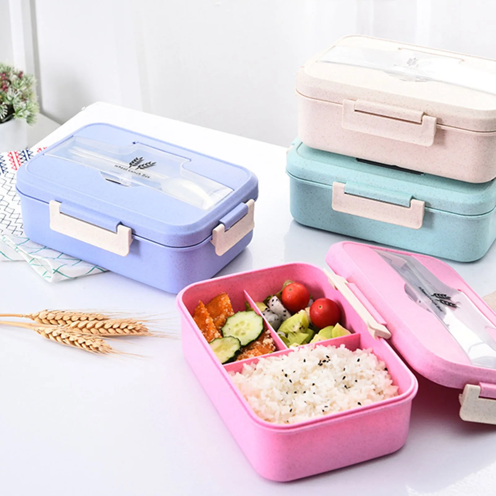 

Ланч-бокс Bento с 3 отделениями, герметичный Ланч-бокс из пшеничного волокна с ложкой-вилкой