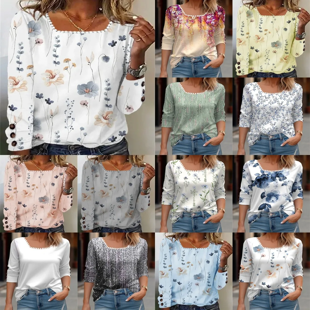 

Printed Long SleeveT-shirt Big Round Neck Lace Patchwork Leaves Loose Tees Mature Women's Wear Clothing All-match Casual Tops