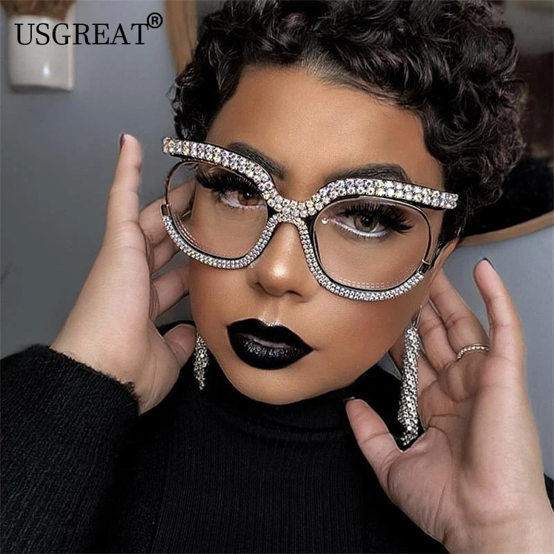 

Luxury Diamond Shinny Optical Glasses Frames Men Women Crystal Luxury Eyeglasses Frame Clear Lens Oversize Eyewear