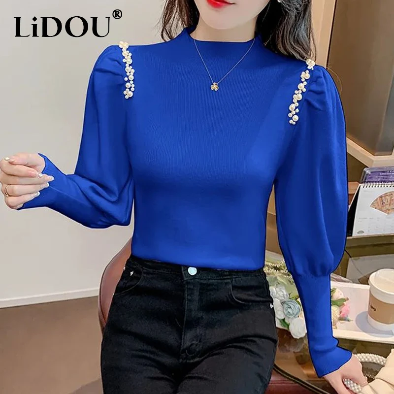 

2023 Autumn Winter New Solid Color Half High Collar Lantern Sleeve Sweater Women Embroidered Flares Screw Thread All-match Tops