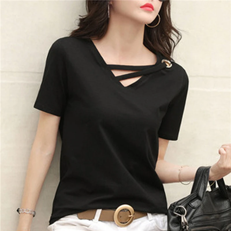 

Summer Short Sleeve Tees Women White T-Shirt Women V-Neck Loose Korean Black Top Casual Compassionate Trend T Shirt Women