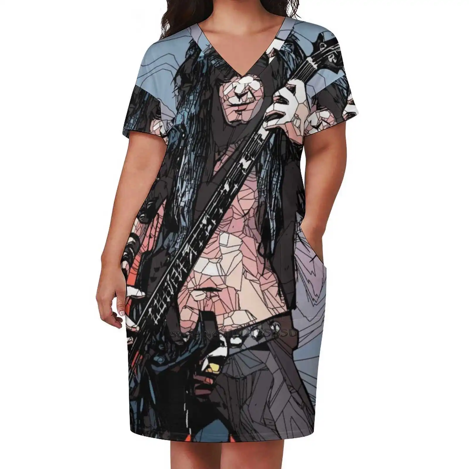 Blackie Lawless Loose Pocket Dress Summer Sexy V Neck Dress Print Short Sleeve Dress Blackie Lawless 80S 80S Metal Meatl Hair