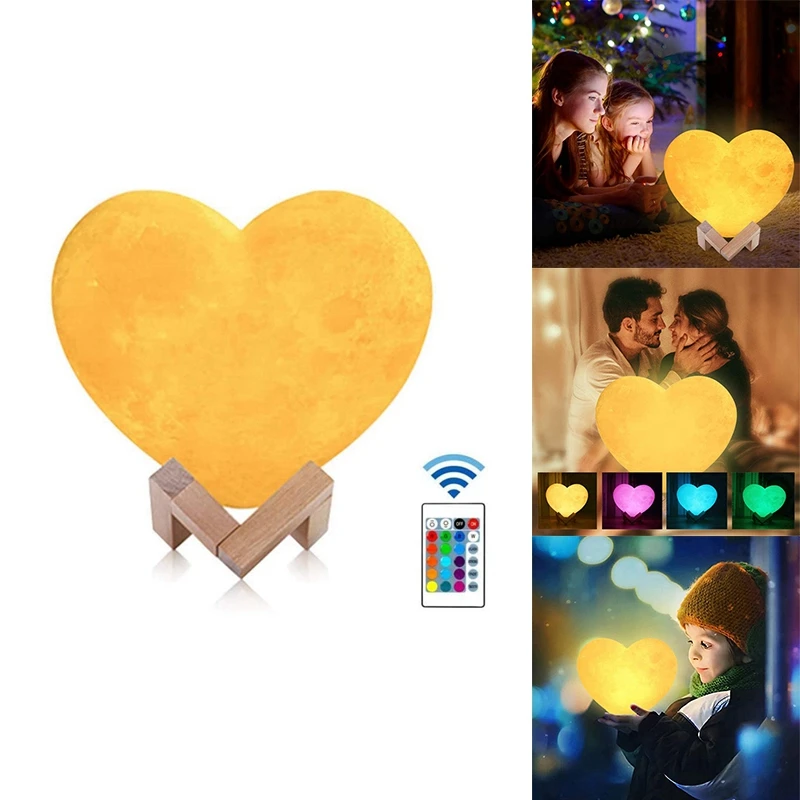 

Heart Shaped Moon Lamp,16 Colors LED 3D Print Night Light With Stand & Remote For Kids Friends Lover Birthday Gifts