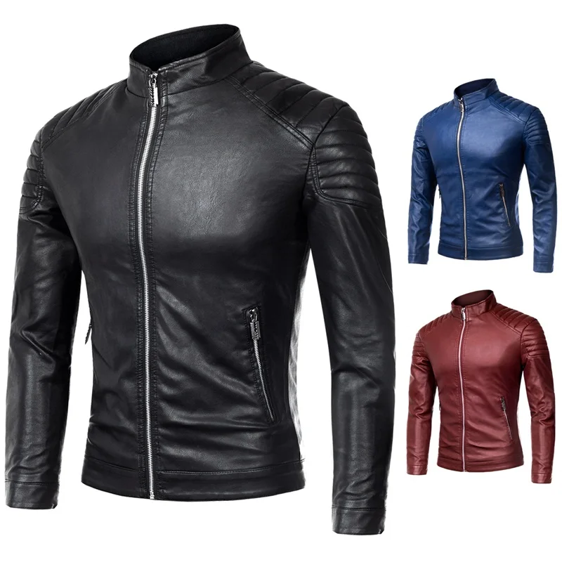 

2022 Spring and Autumn Stand Up Leather Jacket Men Fashion Slim Lapel Jacket Handsome Locomotive Coat