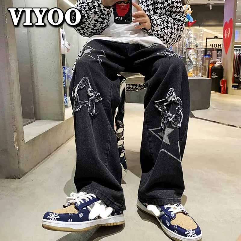 بنطلون جينز رجالي كوري عتيق Y2K cltoaves ملابس الشارع الشهير مطبوع بنطلون جينز فضفاض مستقيم للرجال