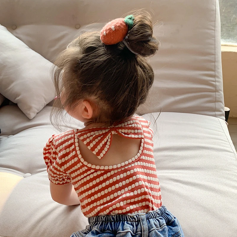 

2022 Summer New Korean Style Baby Girl Striped T-Shirt Bow Backless Puff Sleeve Top Toddler Kids T-Shirt Clothes Kids Girls Cute
