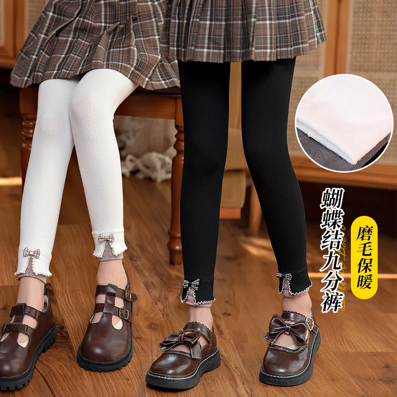 

Princess Girls winter autumn keep warm leggings cotton stripes split bow child nine-point pants Fleece Lining baby kids trousers