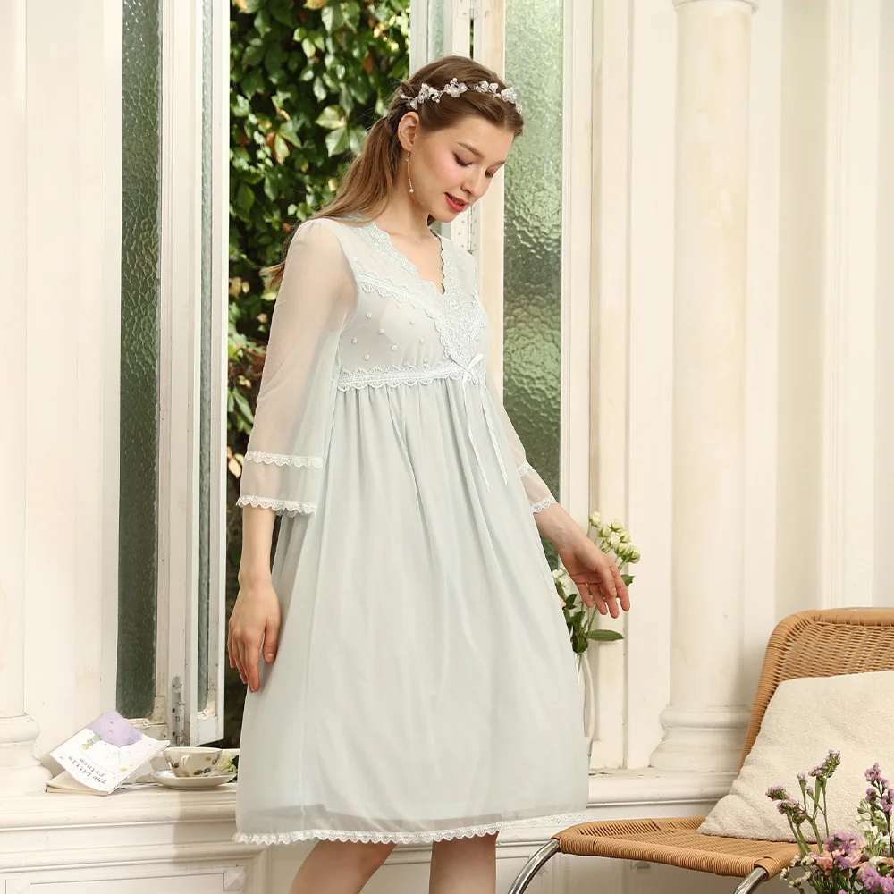 Spring Nightgowns Women Cotton Lace Mesh Nightdress Sleepshirt Retro Vintage Princess Style Elegant Nightwear Summer Sleepwear