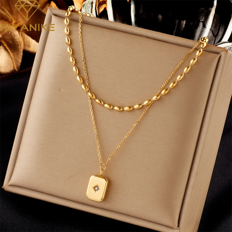 

XIYANIKE 316L Stainless Steel Necklace Rectangle Pendant Double Chain Accessories for Women Birthday Girl Jewelry Gifts Collier