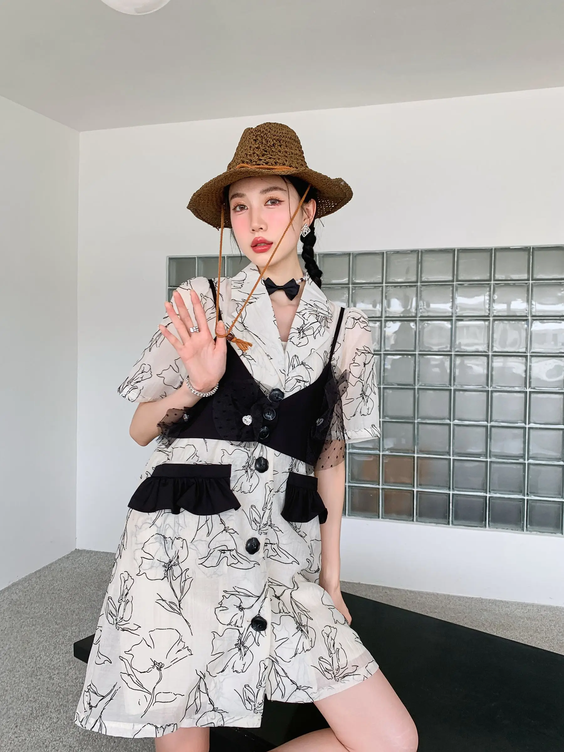 

ZCSMLL 2 Piece Wash Painting Rhinestone Summer Blazer Dress Women Puff Sleeve Button Mini Shirt Dress High Fashion Clothing