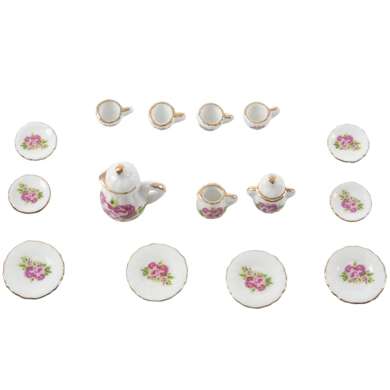 

15 pieces Porcelain tea set Dollhouse miniature foods Chinese rose dishes cup-ABUX