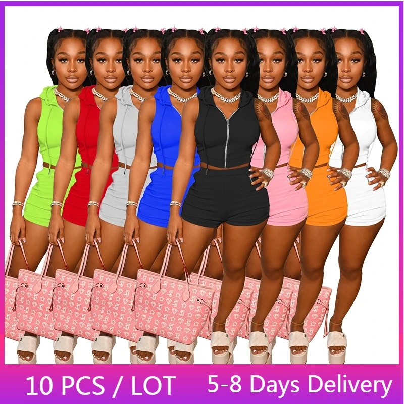 

Wholesale Items Bodycon Womens Two Peice Sets Summer Sleeveless Hoodies Crop Top Biker Shorts Set Workout Casual Tracksuit Women