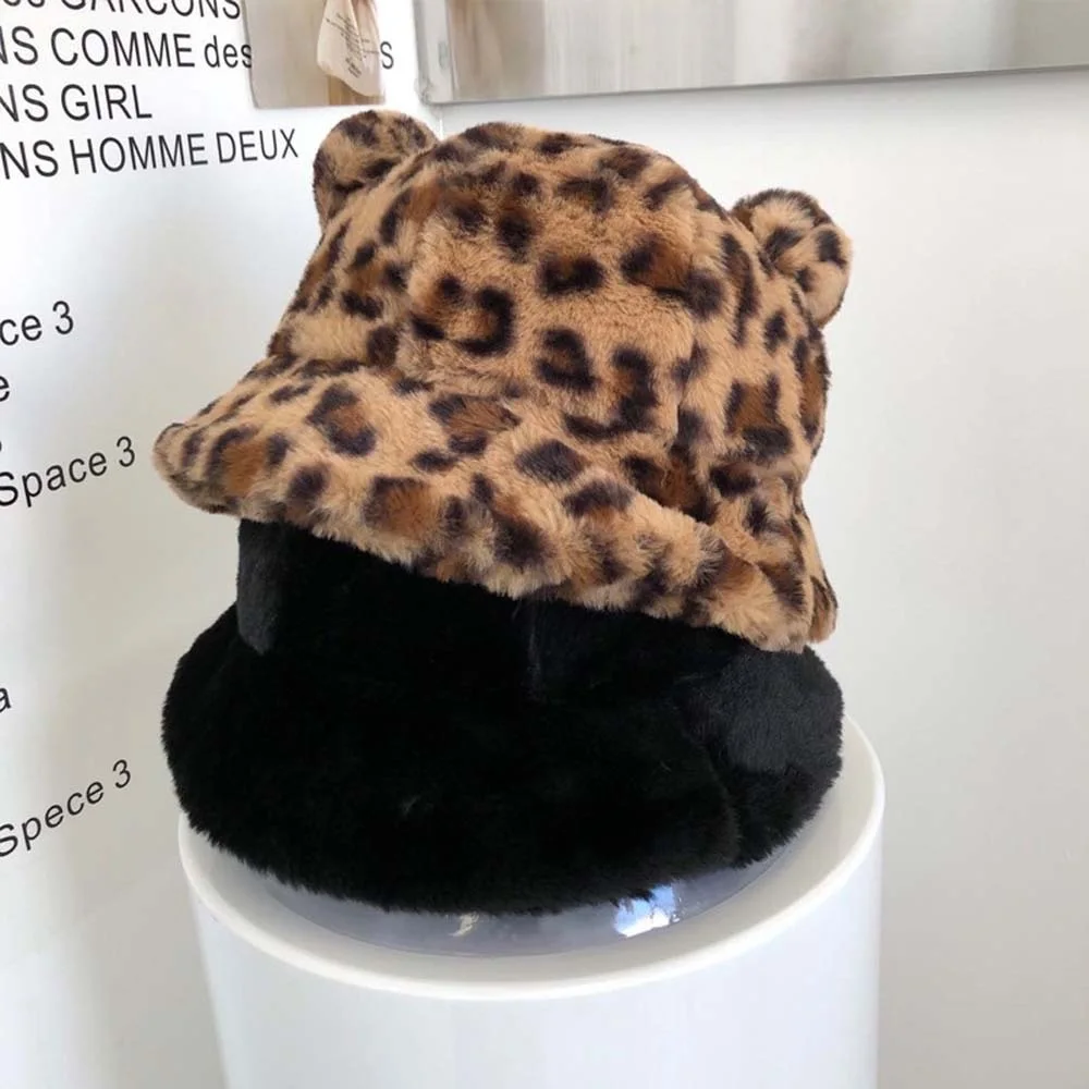 

2023 Y2K Cute Basin Hat Girls Plush Bucket Hats Women Sweet Leopard Autumn Winter Thick Bear Ears Fisherman Hat/Multicolor