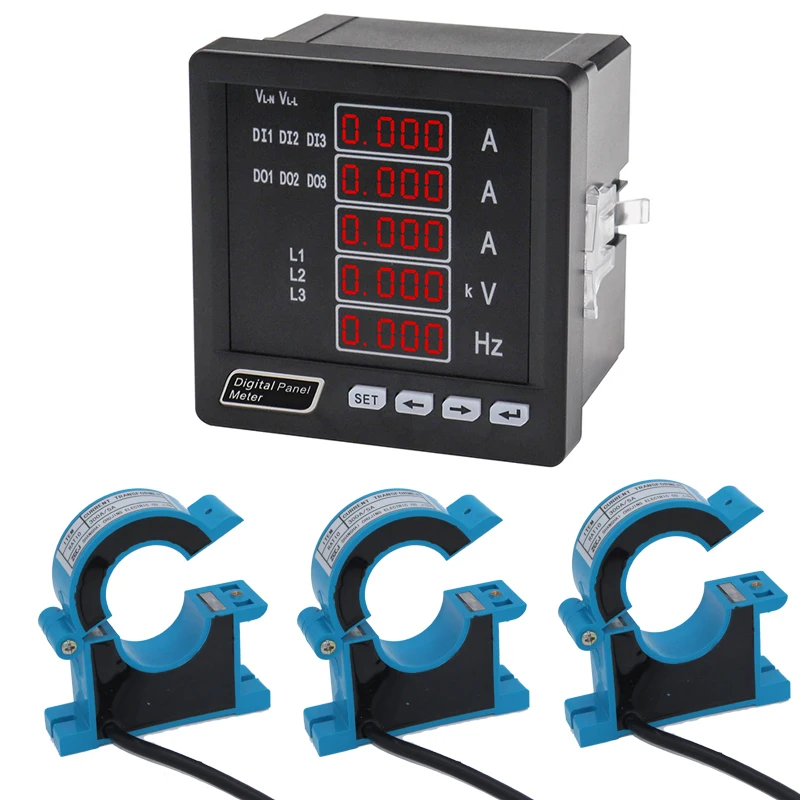 AC0-450V 0-300A 45-65Hz multifunction digital panel meter with 3pcs clamp ampere sensors 3 Phase A V Hz meter with RS485
