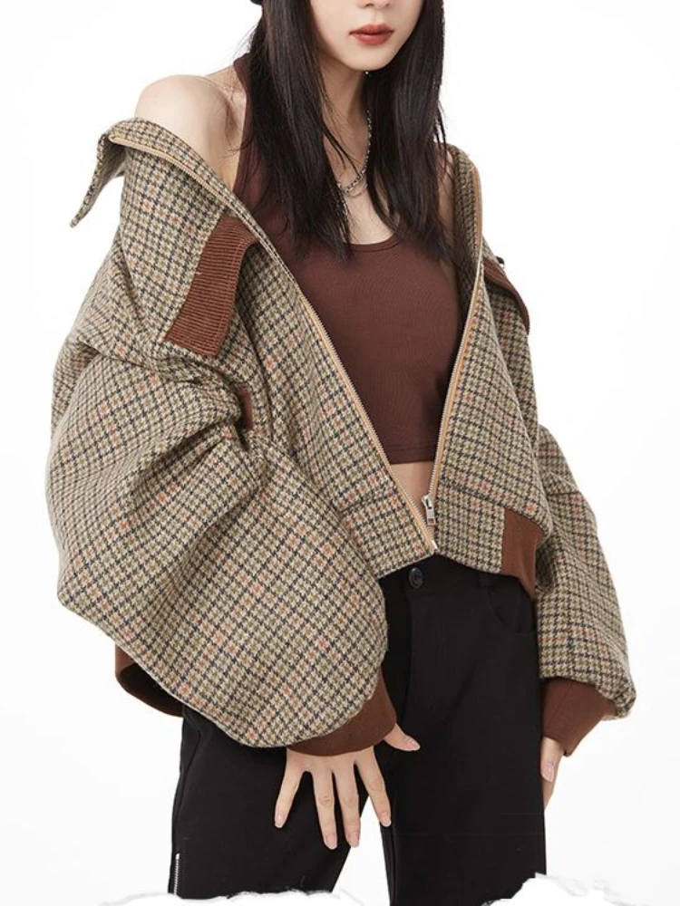 

Vintage Turn-Down Collar Casual Autumn Coat Japanese Harajuku Fashion Baseball Jacket Houndstooth Streetwear Loose Women Jacket