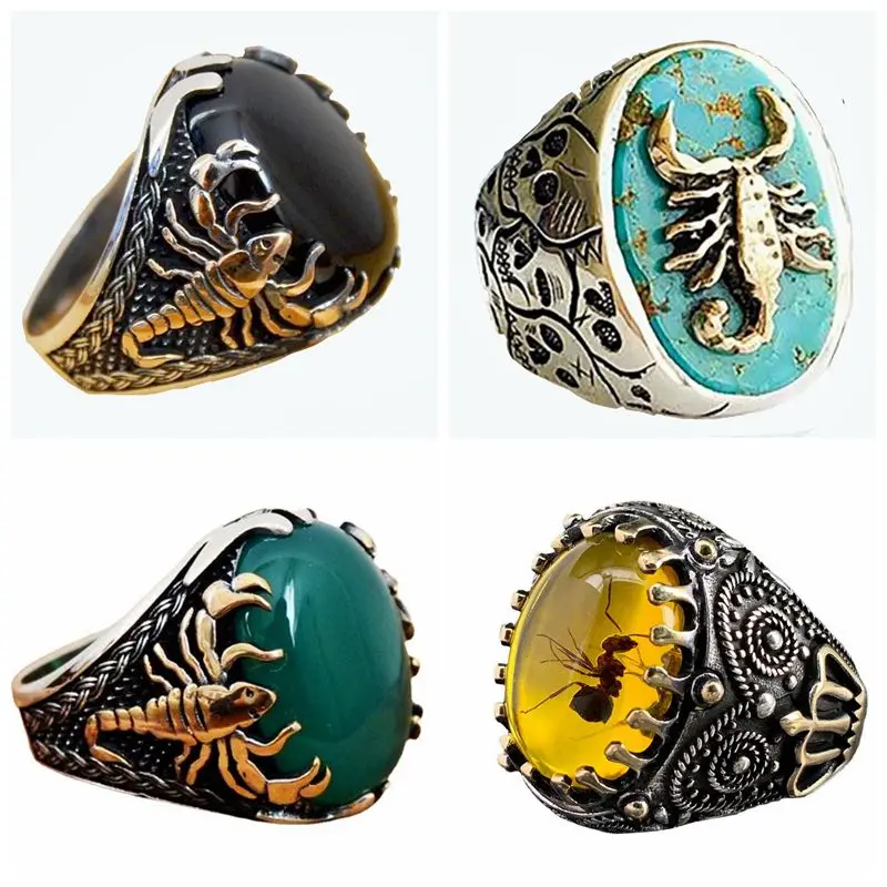 

Gold Scorpion Ring For Women Oval Crystal Ant Yellow Amber Insect Ring Ancient Silver Color Gothic Men Ring Punk Party Jewelry