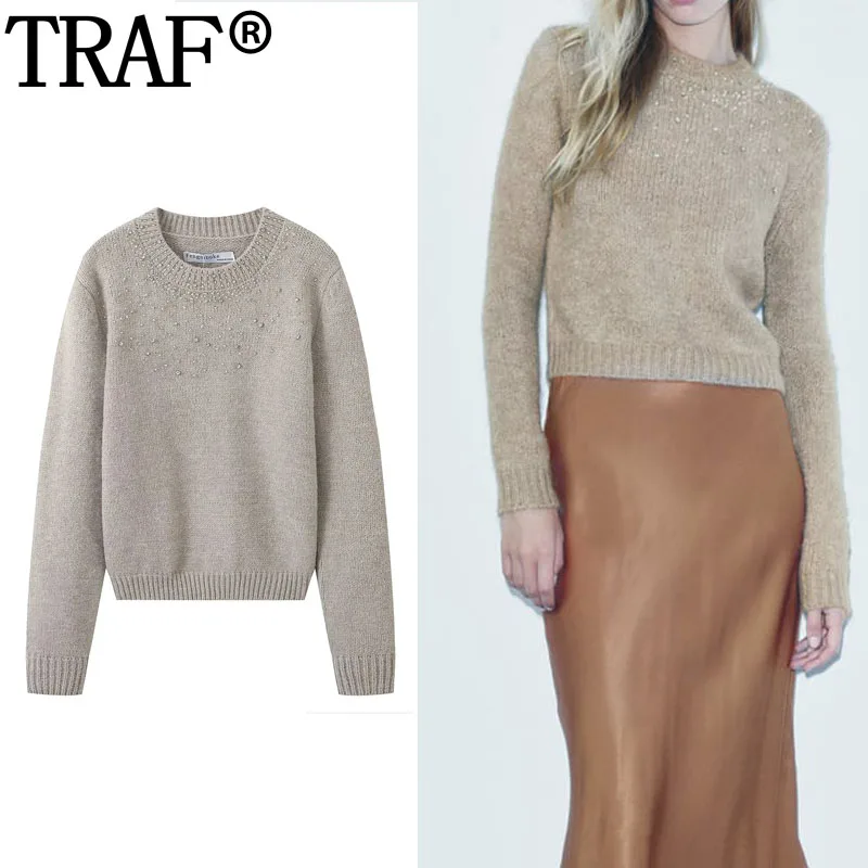 

TRAF Beaded Knitted Sweater Women Rhinestones Cropped Sweaters For Women Turtleneck Long Sleeve Top Autumn Winter Knitwear