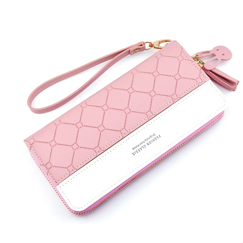 

New Women Long Wallet Patchwork Zipper Purse Checked Embossed Tassel Wallets Cute Simple Card Holder Pink Phone Money Clutch Bag