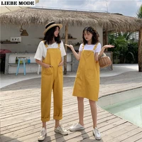 preppy style womens big size pockets jumpsuits black yellow cotton suspender strap wide pants loose kawaii overall skirts women