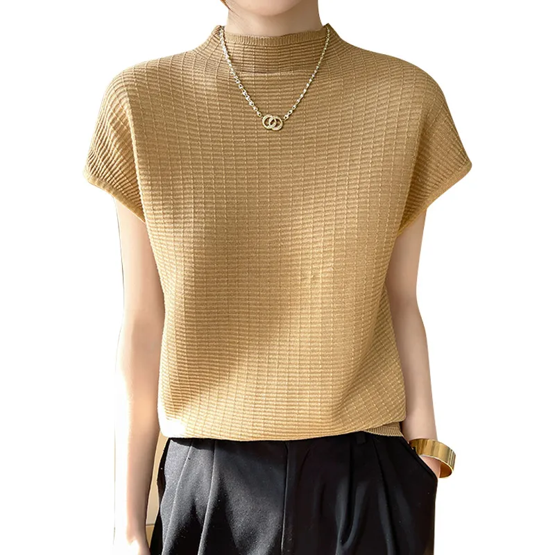 Женская трикотажная футболка с коротким рукавом и высоким воротником тонкий