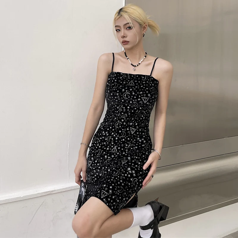 

Dark Goth Lace Strap Sleeveless Sexy Slim Vintage Dresses Black Gothic Female Star Print Mini Dress Backless Empire Club Vestido