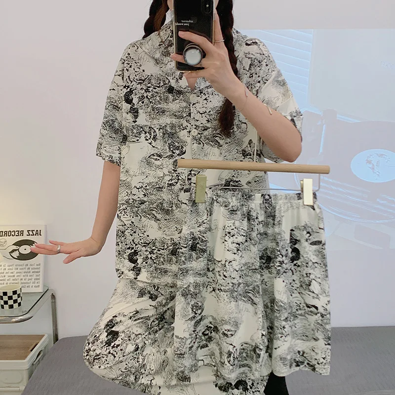 Summer Pajamas for Women's High-end Sense of Cardigan Short-sleeved Three-piece Suit Casual Home Service with Turn-over Collar