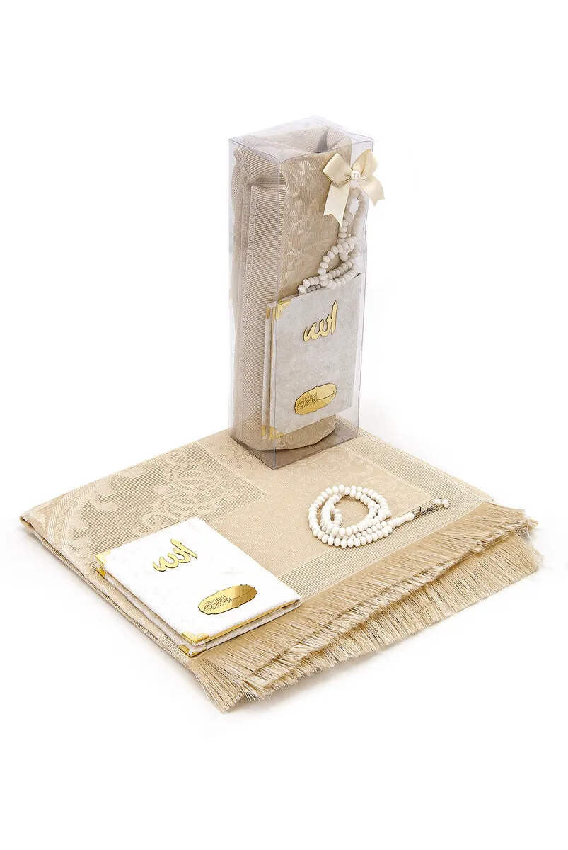 

IQRAH Pocket Oversize Velvet Yasin Book-Prayer Rug-Rosary and Transparent Boxed Mawlid Gift of-cream