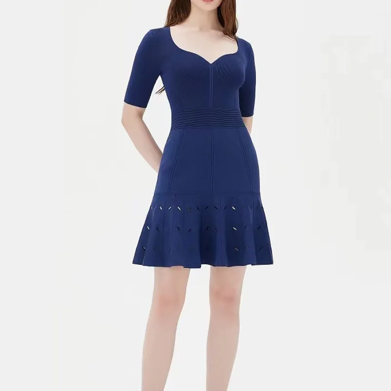 New Solid Women Knitted Cotton Dress Elegant Sexy Pleated Jersey Dress 41815