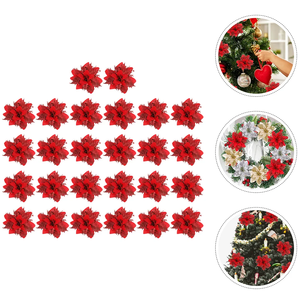 

26pcs Christmas Tree Decorations Poinsettias Artificial Flowers Ornaments Xmas Glitter Flower