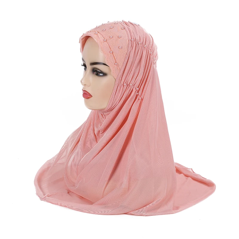 H131 Beautiful Big girls adults hijab two layers net fabric muslim Al amira hijab with crinkled beads islamic scarf head wrap