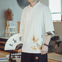 chinese style tai chi kung fu men short sleevet retro crane embroidery qipao tops zen tea tang suit casual shirts blouse