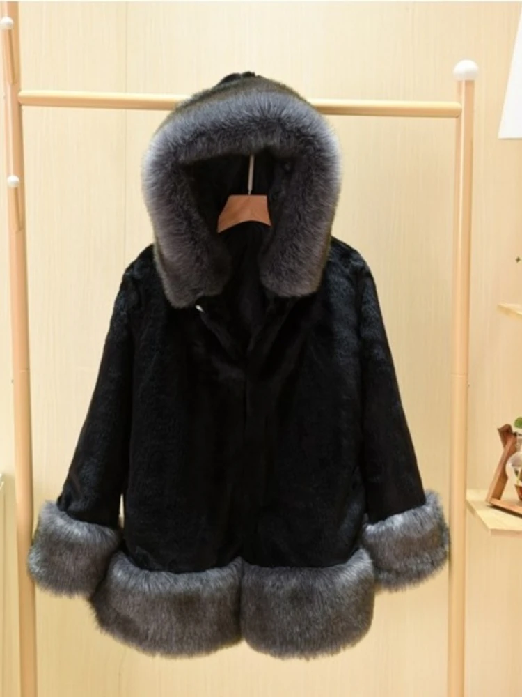 ICCLEK Imitation fur coat imitation mink women's coat imitation fox fur collar hooded medium long artificial fur