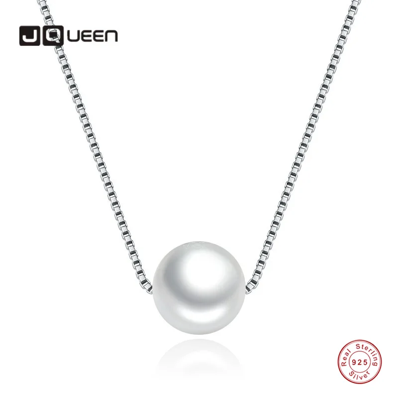 

JQUEEN S925 Silver 6mm 8mm 10mm Pearl Pendant Single Pearl Box Chain Women Clavicle Chain Necklace