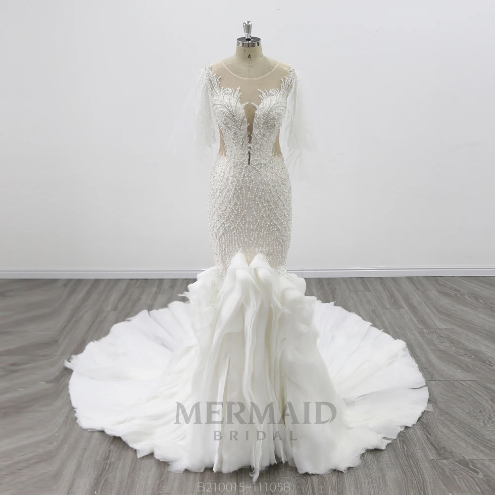 

Short Sleeves Ruffles Beading Mermaid Wedding Dress