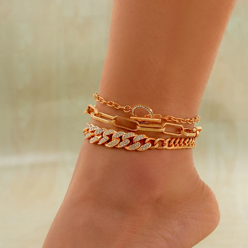 

Ailodo Punk Crystal Cuban Chain Anklet For Women Gold Silver Color 3 Pcs/Set Summer Beach Anklets Fashion Jewelry Girls Gift