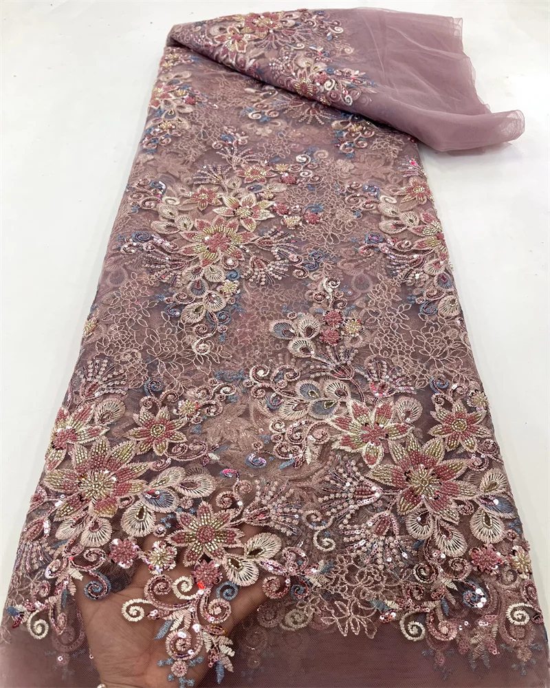 

Luxury African Lace Fabric Heavy Beads Tulle Lace Embroidery High Quality French Net Lace 5 Yards Dresses For Women