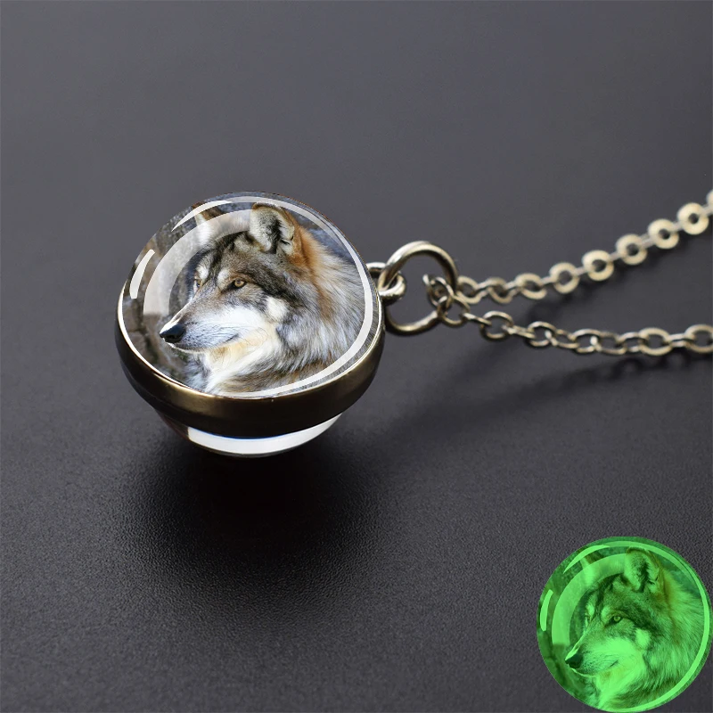 Glow in the Dark Wolf Necklaces Howling Wolf  Head and Moon 2CM Glass Ball Pendant Double Sided Necklace Women Men Jewelry Gifts images - 6