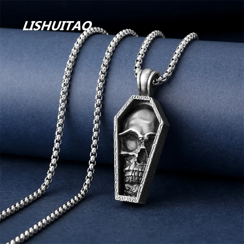 

Fine Craft Necklace Female Art Fashion Punk Gothic Skull Coffin Pendant Necklace Male Hip Hop Stainless Steel Jewelry