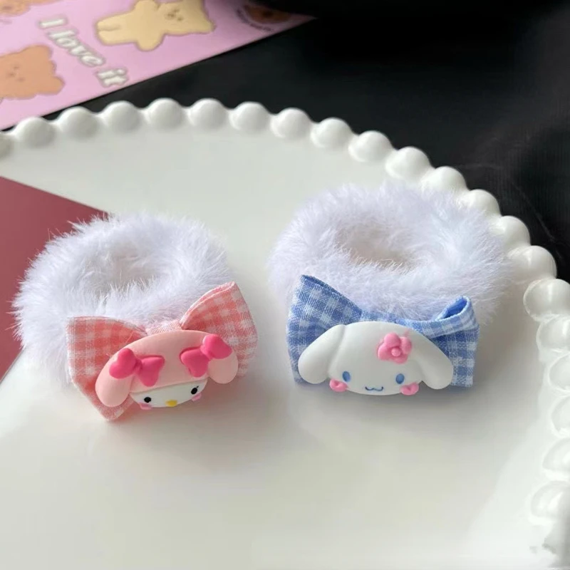 

Anime Sanrio Hair Ring Cinnamoroll My Melody Bow Knot Autumn and Winter White Sweet Girl Heart Student Cartoon Hair Accessories