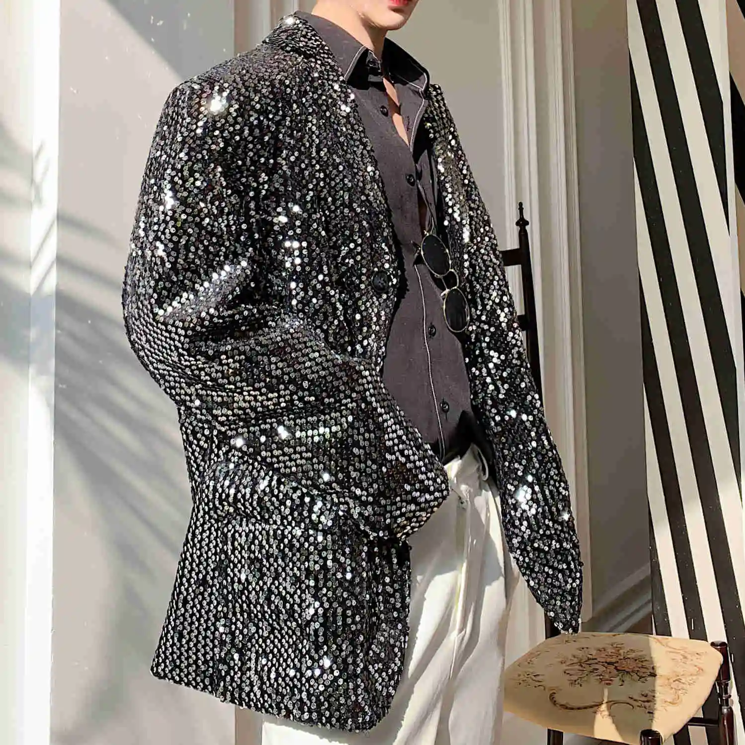 Блестящая Мужская одежда для сценического шоу, мужской повседневный костюм с блестками, куртка, мужское серебристое пальто