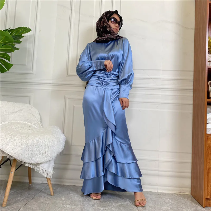 Islamic New Satin Round Neck Shirt Long Sleeve Ruffled Half Skirt Solid Color Slim Fit Muslim Women's Long Dress Two Piece Set