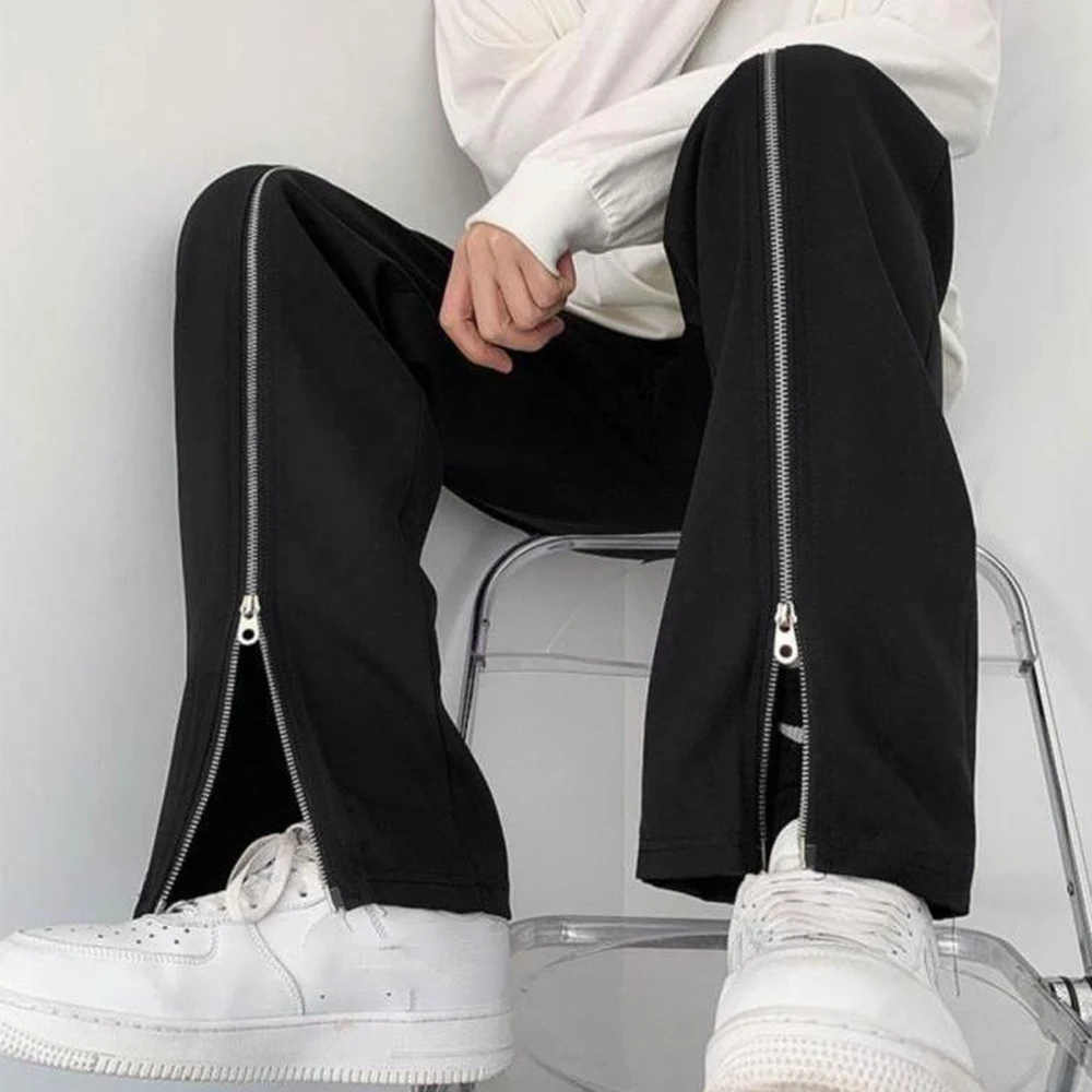 

Men Trousers Male Design Pants Street Chic Korean Straight Trendy Zipper High Personalized Black Casual Trendy
